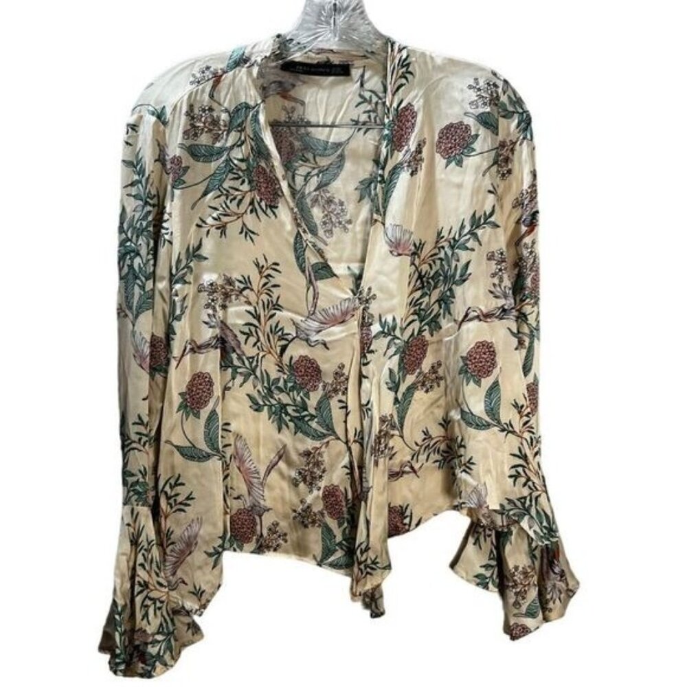 ZARA Silk Floral Detail Bird Pattern Kimono Cream Small‎